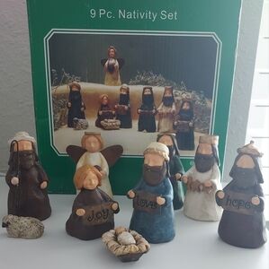 Youngs Inc Figural Resin Christmas Nativity Set 9 Piece Holiday Rustic Primitive